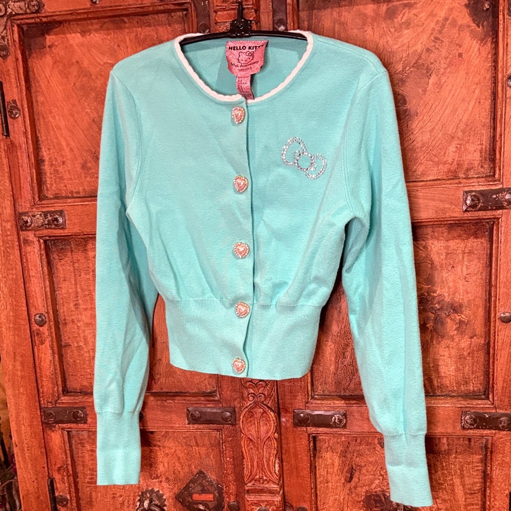 Hello Kitty x Forever 21 50th Anniversary aqua cropped cardigan faux gem buttons